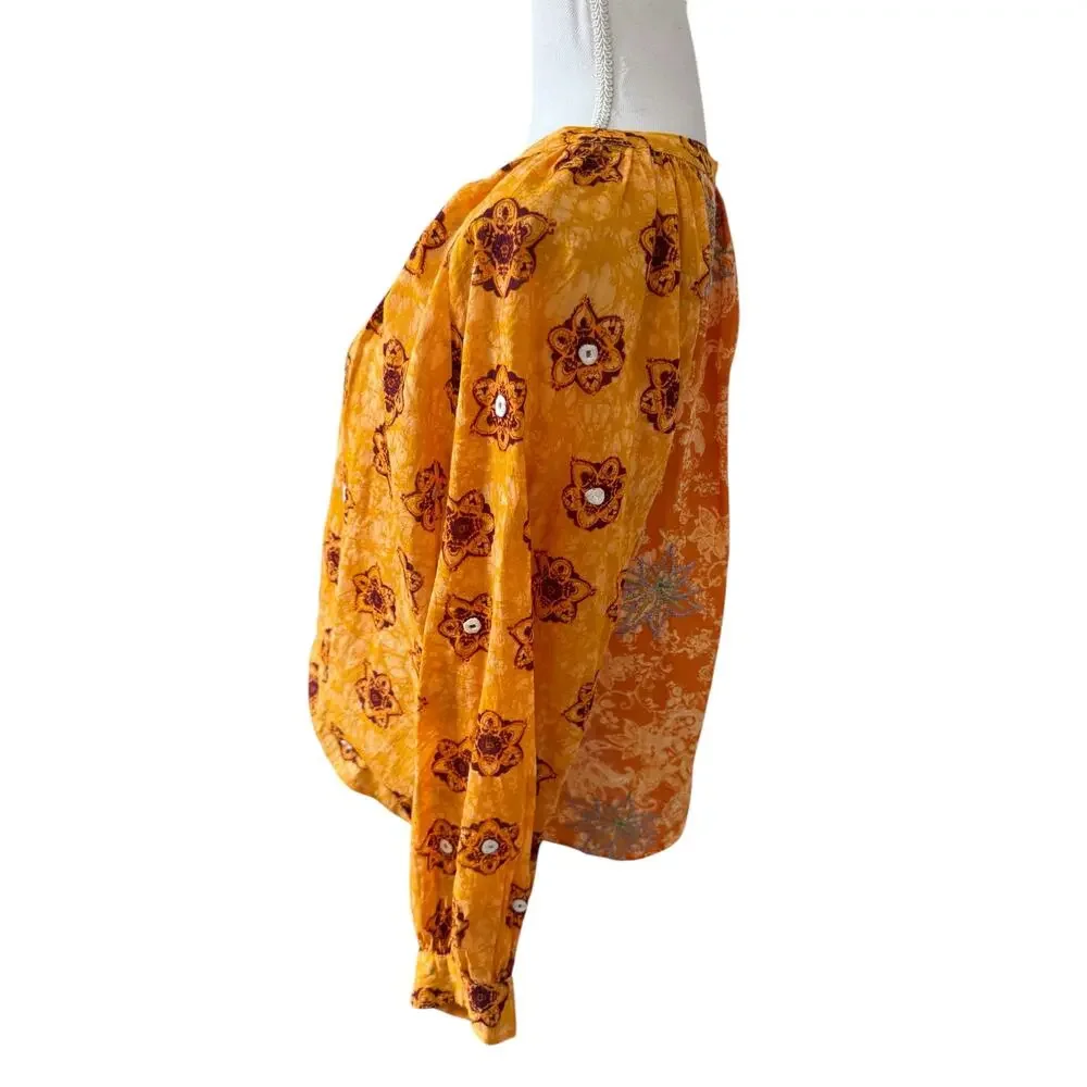 Zara Indian Block Print Cotton Split Neck Embroidered Top Burnt Orange L - Picture 5 of 6